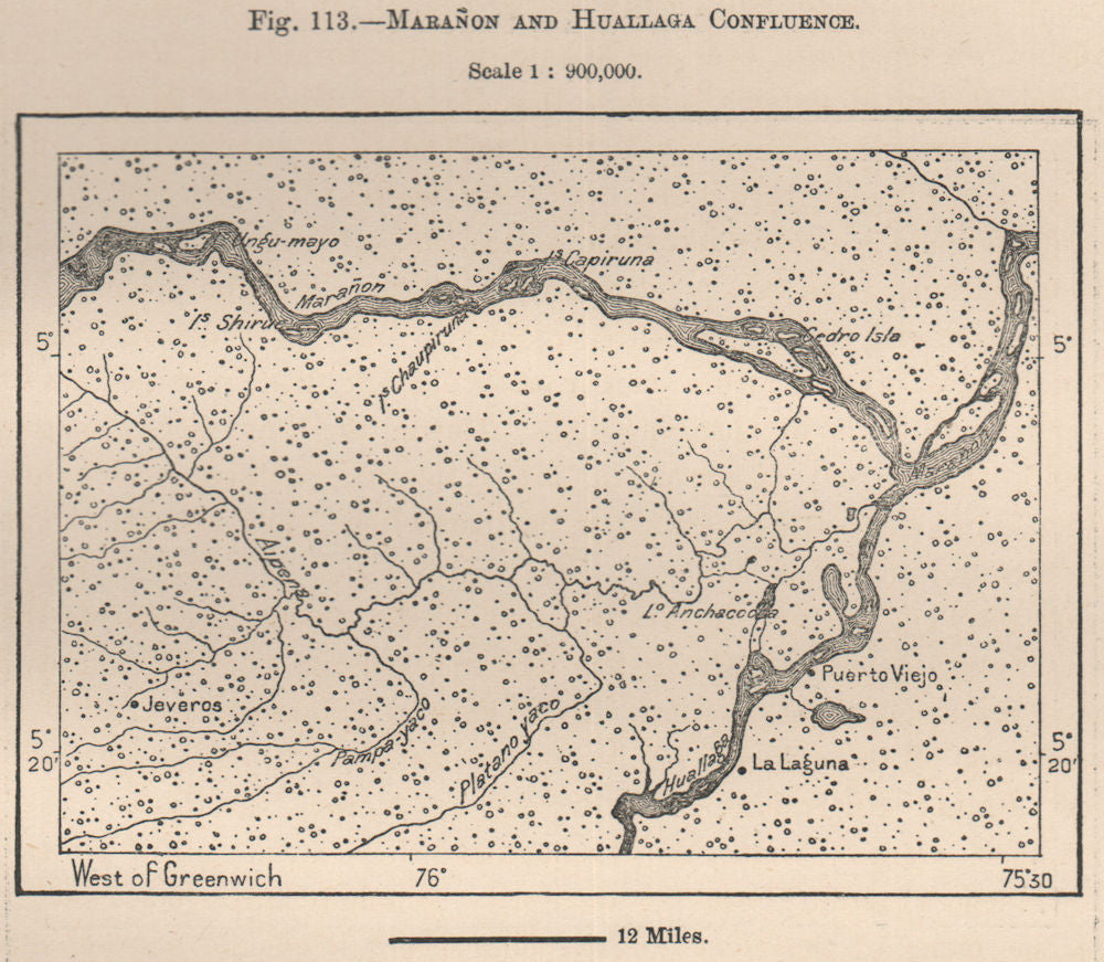 Marañon and Huallaga confluence. Peru 1885 old antique vintage map plan chart